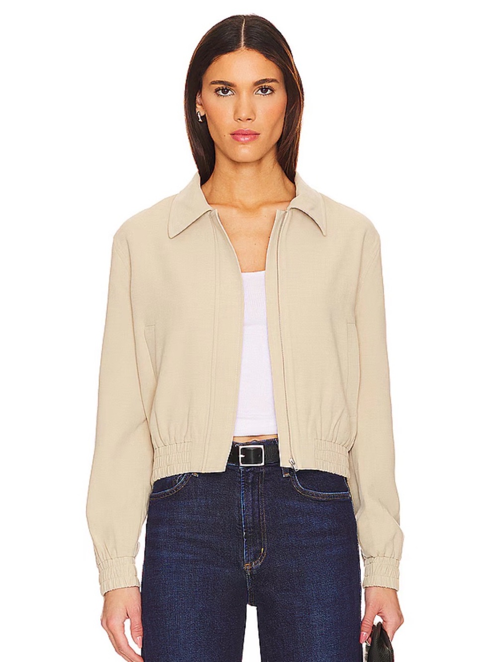 ASTR The Label Reid Collared Zip-Front Bomber Jacket in Vintage Cream